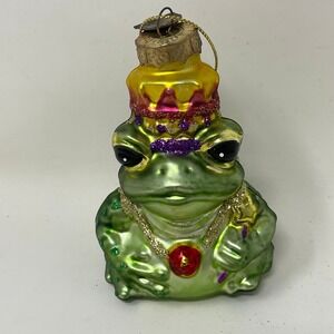 Thomas Pacconi Frog Prince Glass Christmas Ornament Green Glitter Crown 3.5in